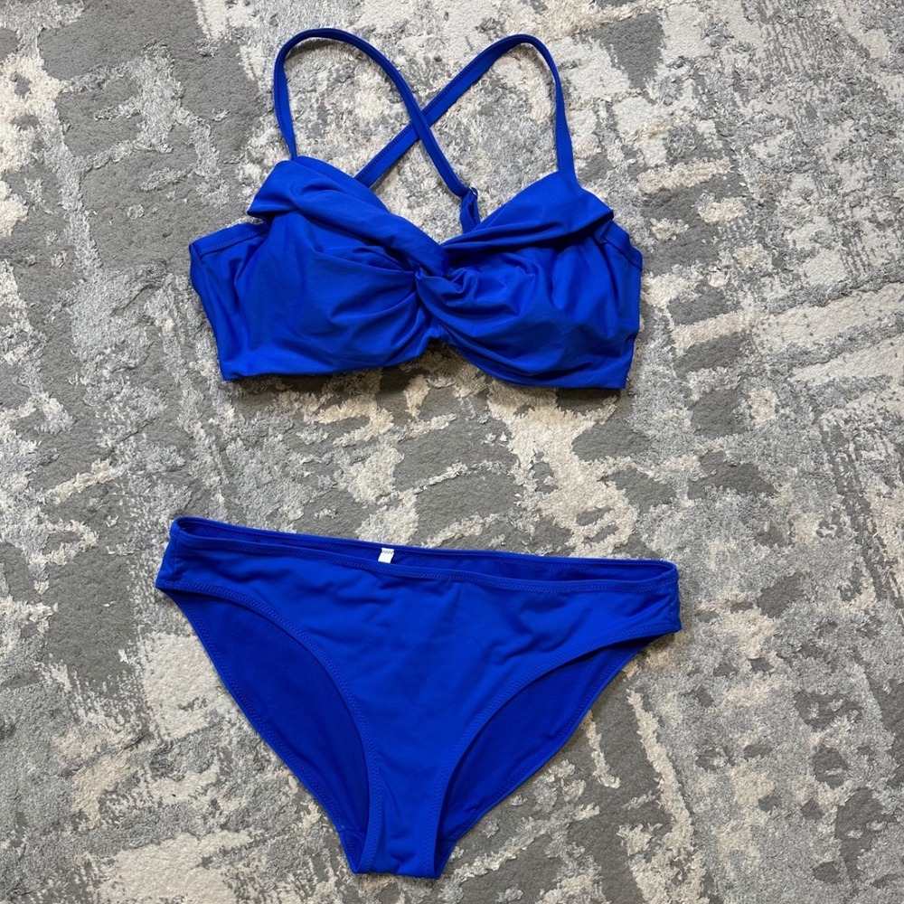 Athleta Twist Up Bikini Underwire Top 36D/DD Medium Bottom Bright Blue 386376